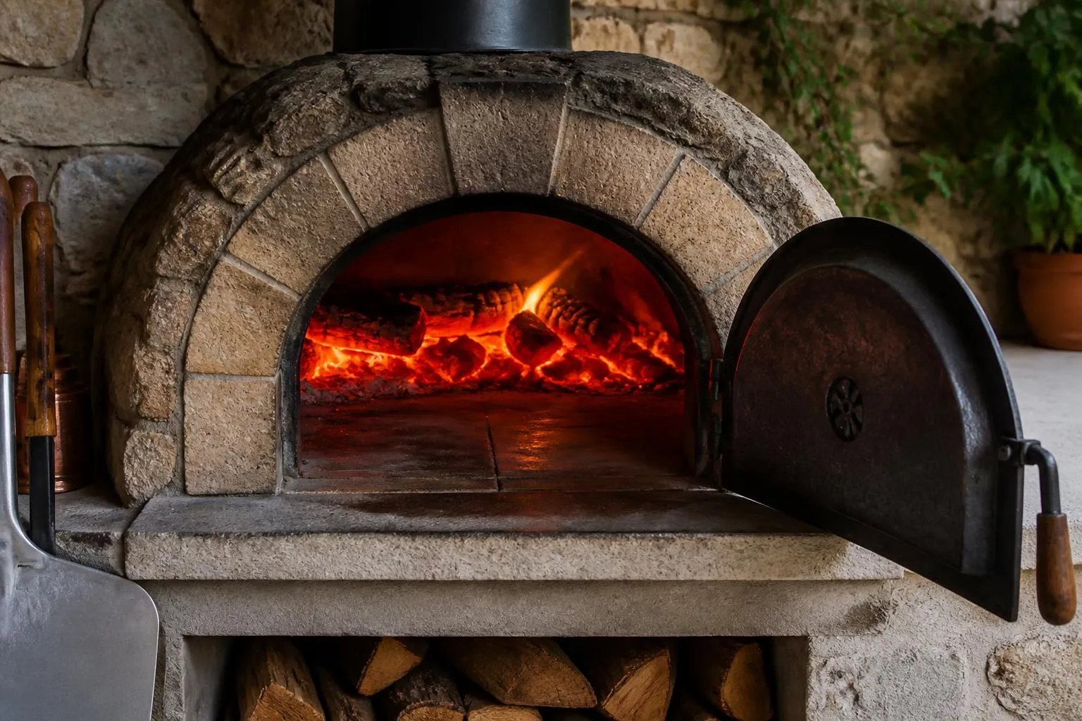 un four à pizza en pierre, porte ouverte, braises de bois rougeoyantes à l'intérieur