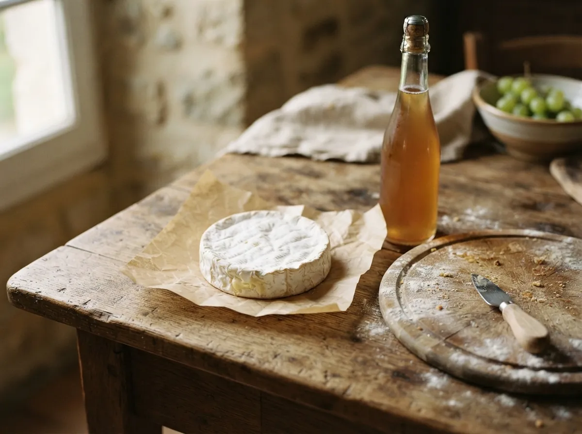 Camembert normand, cidre et planche farinée sur une table de ferme