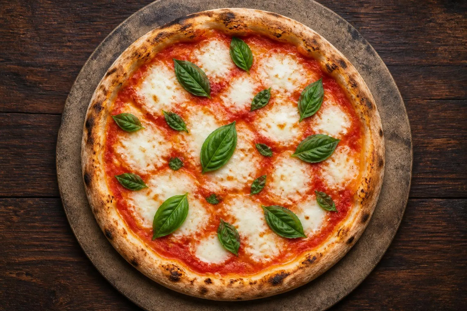 une pizza margherita entière posée sur une pierre à pizza, mozzarella fondue et feuilles de basilic frais, vue de dessus
