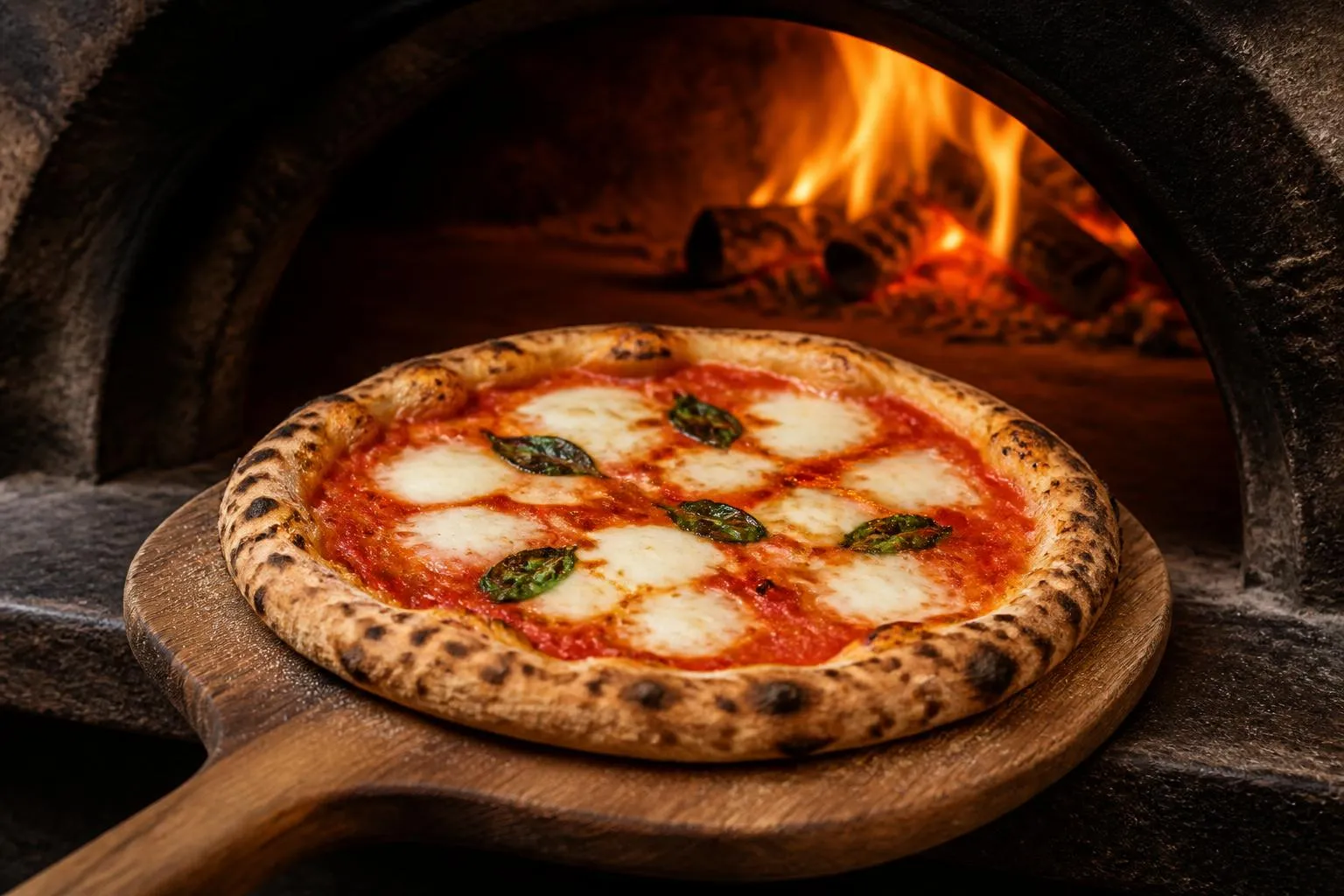 une pizza margherita sur une pelle en bois, sortant d'un four à bois dont la voûte noircie se devine en arrière-plan